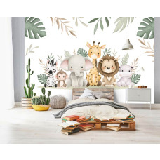 Een fotobehang van jungle dieren in een kinderbehang met een kleurrijk thema.