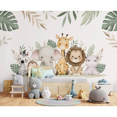 Een fotobehang van jungle dieren in een levendige kinderkamer.