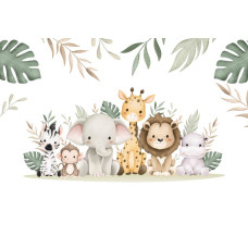 Fotobehang voor kinderen van een jungle vol dieren zoals een olifant, giraffe, olifant, aap, nijlpaard en een zebra in een wonderland setting.