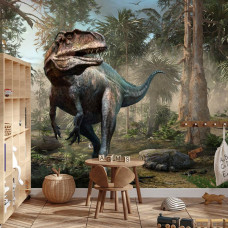 Een fotobehang met een kleurrijke jungleomgeving en een dinosaurus in een jongenskamer.