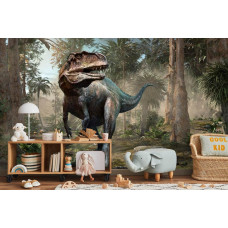 Een fotobehang met een dinosaurus in een dicht regenwoud, afgebeeld in een kinderkamer.