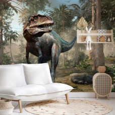 Een fotobehang met een jungle-dino in een tropisch regenwoud, weergegeven in een speelkamer.