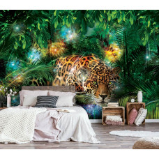 Een fotobehang met een jungle panter, luipaard en cheetah in een natuurlijke omgeving voor de slaapkamer.