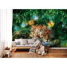 Een fotobehang met een jungle panter, luipaard en cheetah in een natuurlijke omgeving voor de woonkamer.
