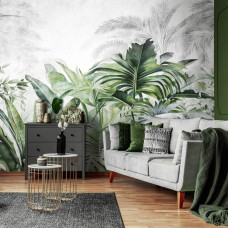 Een fotobehang van jungleplanten en bladeren in een botanische tropische stijl, die de huiskamer een weelderige en exotische uitstraling geeft.
