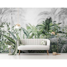 Een fotobehang van jungleplanten en bladeren in tropische natuurstijl, ideaal voor een kantoorruimte met een ontspannen sfeer.