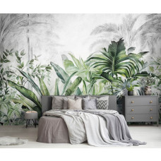 Een fotobehang van jungleplanten en bladeren in tropische natuurstijl, perfect voor een slaapkamer met een rustgevende ambiance.