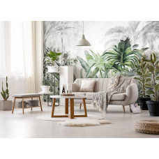 Een fotobehang van jungleplanten en bladeren in botanische tropische stijl, dat de woonkamer omtovert in een tropisch paradijs.