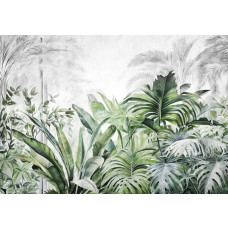 Fotobehang van tropische jungleplanten en bladeren in een botanische setting.