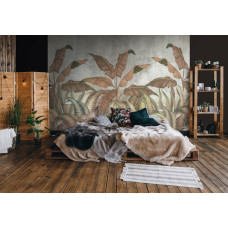 Een fotobehang met tropische bladeren en een betonnen muur, speciaal voor een slaapkamer.