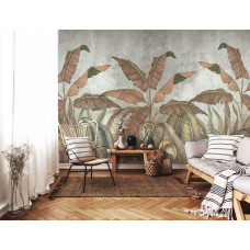 Een fotobehang met botanische planten en bladeren op beton, perfect voor een woonkamer.