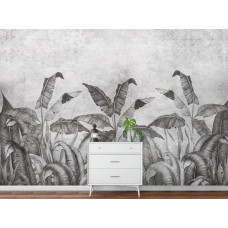 Een zwart-wit fotobehang met jungleplanten en bladeren op beton, perfect voor een slaapkamer.