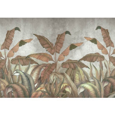 Jungleplanten en bladeren tegen een betonnen muur op dit fotobehang, met een contrast tussen natuur en industriële elementen.