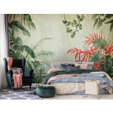 Een fotobehang met jungle planten op beton, geschikt voor een slaapkamer.