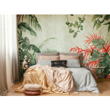 Een fotobehang met jungle planten op beton in een botanisch design, bedrukt op vliesbehang, geschikt voor een slaapkamer.