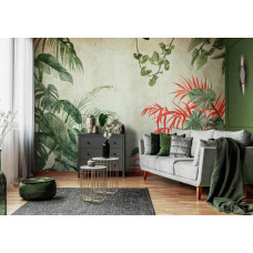 Een fotobehang met jungle planten op beton in een botanisch thema, ideaal voor een woonkamer.