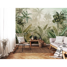 Een fotobehang met een weelderige jungle van planten in een tropisch landschap voor de huiskamer.