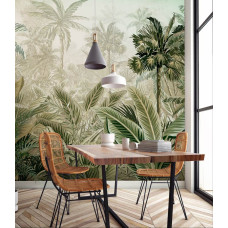 Een tropisch fotobehang met jungleplanten en een serene uitstraling, ideaal voor een kantoor.