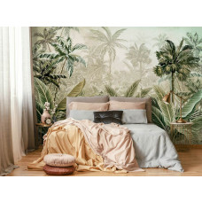 Een fotobehang met tropische jungleplanten en natuurlijke details voor de slaapkamer.