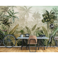 Een fotobehang met tropische jungleplanten in een levendige groene natuur in de woonkamer.