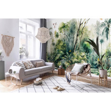 Een fotobehang van tropische jungleplanten en bomen in een tropisch bos, geschikt voor een huiskamer met een natuurlijk thema.