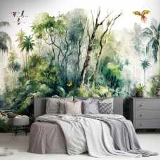 Een fotobehang van tropische jungleplanten en bomen, een botanisch bos, dat een avontuurlijke sfeer biedt voor je slaapkamer.
