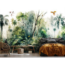 Een fotobehang van tropische jungleplanten en bomen, een botanisch bos in een slaapkamer met een rustieke sfeer.