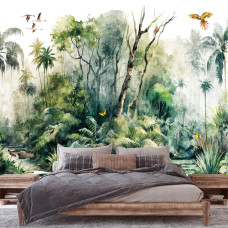 Een fotobehang van tropische jungleplanten en bomen in botanische natuurstijl, ideaal voor een vliesbehang slaapkamer.