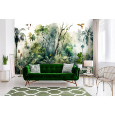 Een fotobehang van tropische jungleplanten en bomen in een botanische bosstijl voor de woonkamer, die het interieur verfrist.
