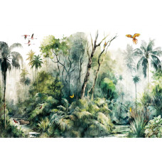Fotobehang van een symfonie van tropische jungleplanten en bomen, met een bosrijke achtergrond.