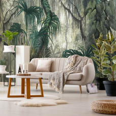 Een fotobehang van jungle takken en bladeren in schilderingstijl, botanische planten voor een levendige huiskamer.