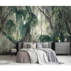 Een fotobehang van jungle takken en bladeren in schilderingstijl, botanische planten in een rustige slaapkamer.