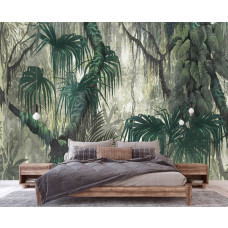Een fotobehang van jungle takken en bladeren in schilderingstijl, botanische planten in een woonkamer en slaapkamer, met een tropische uitstraling.