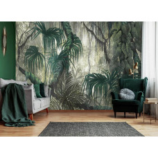 Een fotobehang van jungle takken en bladeren in schilderingstijl, botanische planten in een moderne woonkamer.
