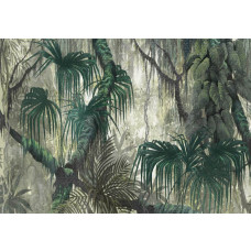 Fotobehang van botanische jungle met schilderingen van takken en bladeren, in een tropische plantenstijl.