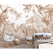 Een decoratief fotobehang met jungledieren in terracotta tinten, ideaal voor een kinderkamer.