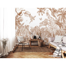 Een fotobehang met terracotta dieren in een junglethema, geschikt voor een woonkamer.