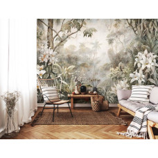 Een fotobehang van de jungle in de wildernis met planten, bladeren en oerwoud in regenwoudstijl voor de huiskamer.