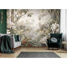 Een fotobehang van de jungle in de wildernis met planten, bladeren en oerwoud in regenwoudstijl voor de slaapkamer en woonkamer.