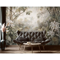 Een fotobehang van de jungle in de wildernis met planten, bladeren en oerwoud in regenwoudstijl voor de woonkamer.