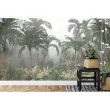 Een fotobehang met tropische planten en palmbomen in een dichte jungle, weergegeven in een slaapkamer.
