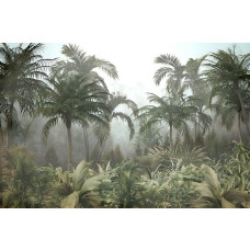 Fotobehang van een paradijs vol tropische planten en palmbomen, gehuld in een serene jungleomgeving.