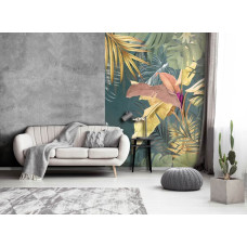 Een botanisch fotobehang met jungle planten en bladeren in junglekamer-stijl te zien in de huiskamer.