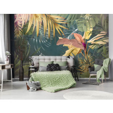 Een botanisch fotobehang met jungle planten en bladeren in junglekamer-stijl te zien in de slaapkamer.