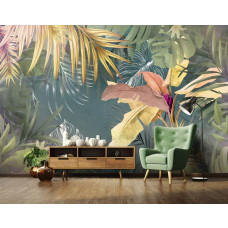 Een botanisch fotobehang met jungle planten en bladeren in junglekamer-stijl te zien in de woonkamer.