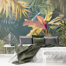 Een botanisch fotobehang met jungle planten en bladeren te zien in de slaapkamer.
