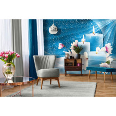 Fotobehang met kaarsen en blauwe bloemen voor yoga en joga met vliesbehang in woonkamer.