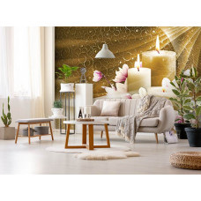 Fotobehang met kaarsen en gouden bloemen voor yoga en joga met vliesbehang in woonkamer.