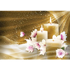 Gouden kaarsen en bloemen in een yoga spa setting, weergegeven op een luxe fotobehang.