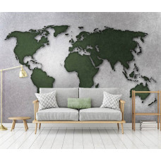 Een fotobehang met een wereldkaart op een groene betonnen achtergrond voor de huiskamer.